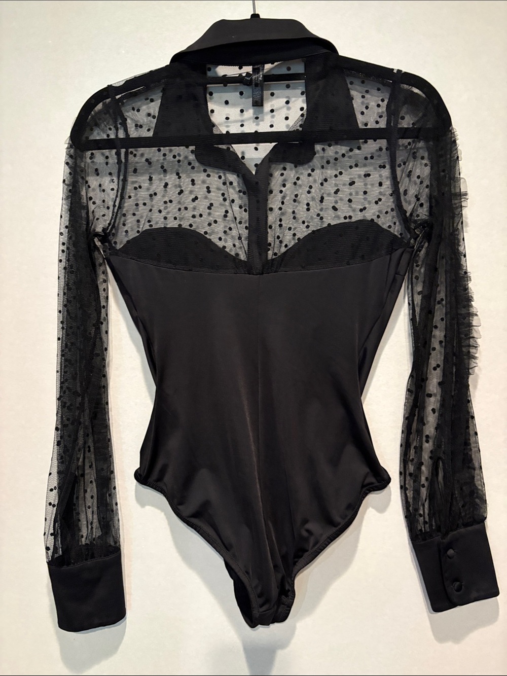 Thistle and Spire - Meserole Polka dot mesh long sleeve bodysuit. Small. Black - Picture 11 of 14